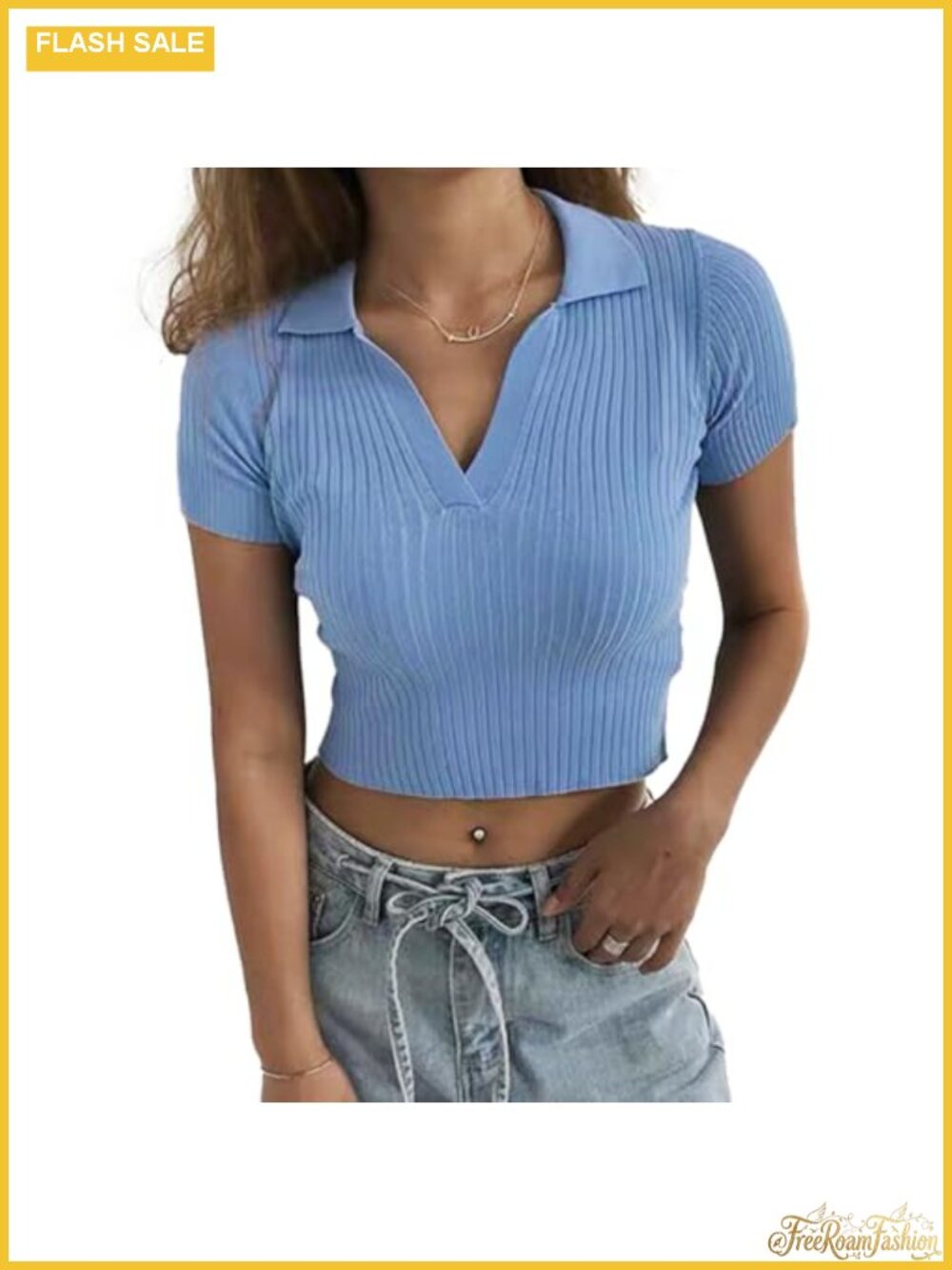 Women's Knit Crop Polo Shirt Short Sleeve Ribbed V Neck Fitted Top